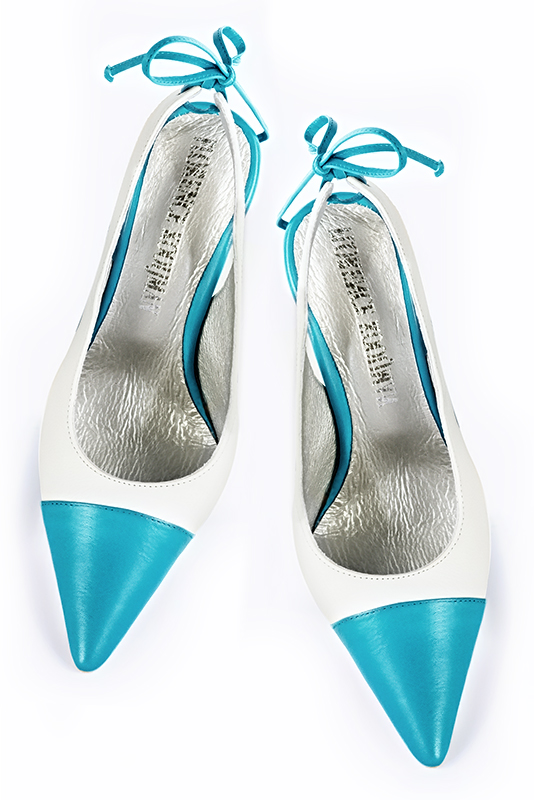Turquoise blue and off white women's slingback shoes. Pointed toe. High slim heel. Top view - Florence KOOIJMAN